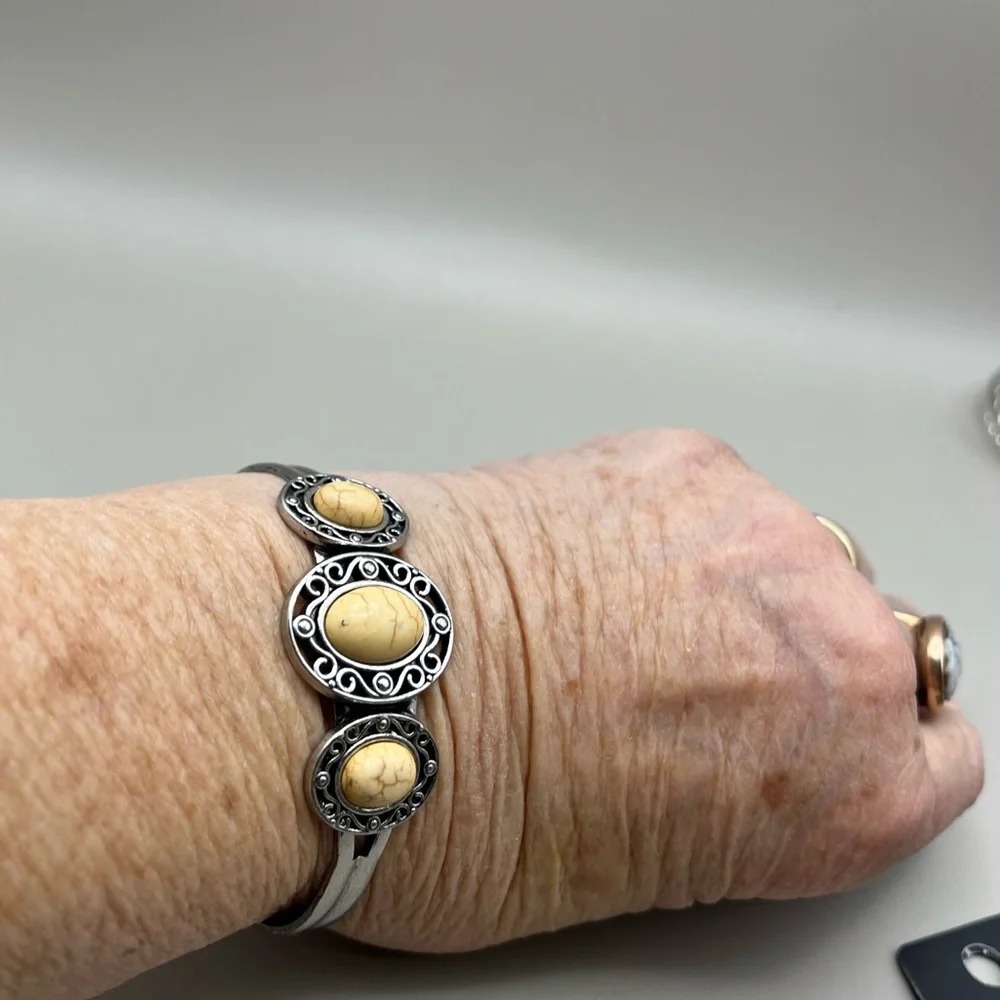 Silver and Cream Stone Cuff Bracelet